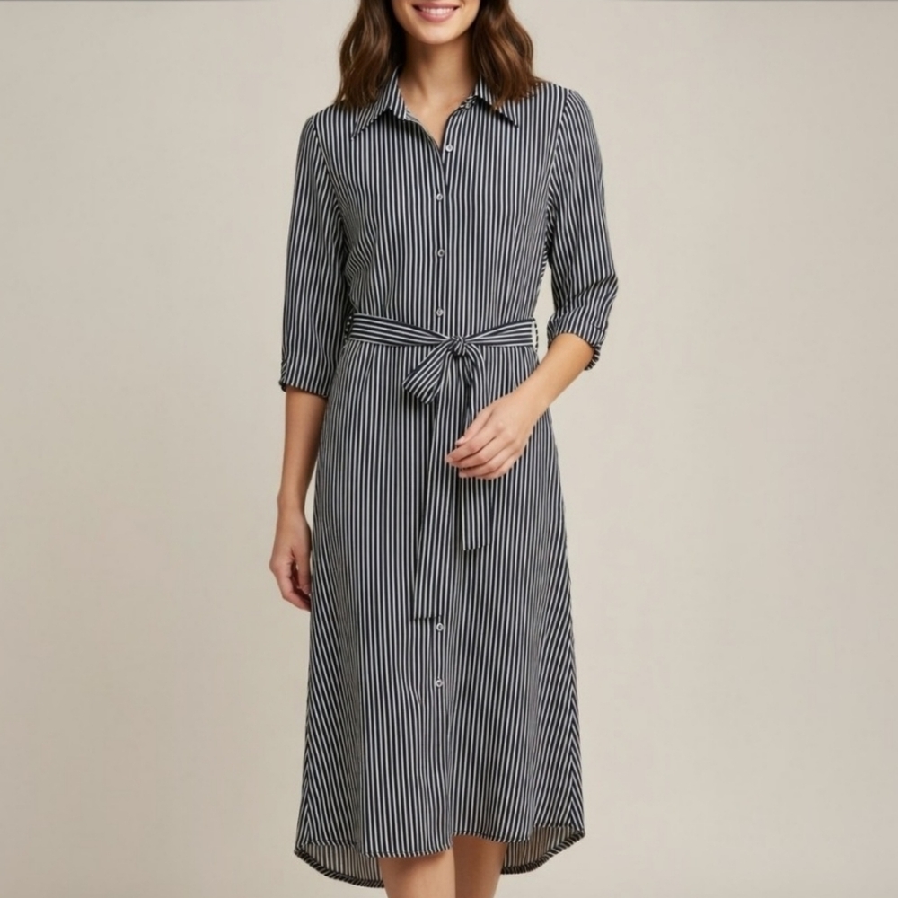 Button Down 3/4 Sleeve Belted Vertical Striped Midi Dress Black & White Large